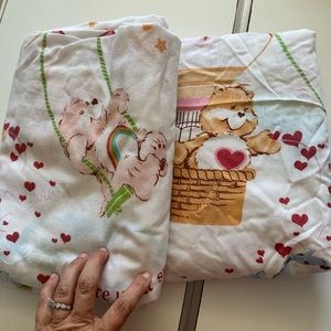 Care Bear Flat Twin and fitted Bed Sheet 1982 Over the Rainbow Good Luck Bear.